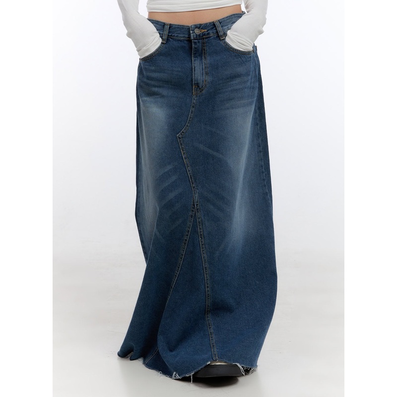 Destroyed Washed Denim Maxi Skirt CO419