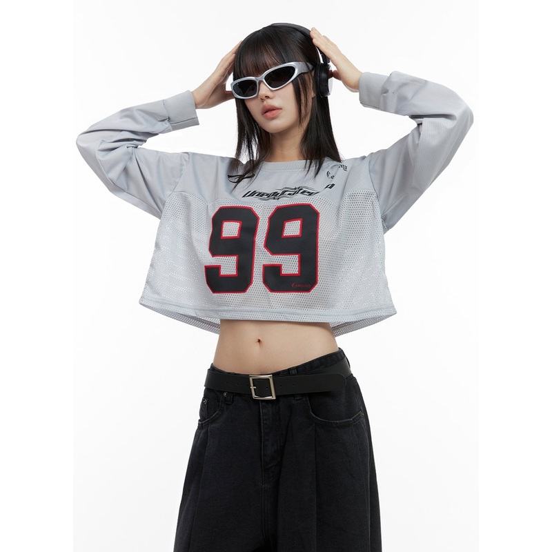 Lettering Mesh Crop Top IO430|Gray|Blue|Black|M/L