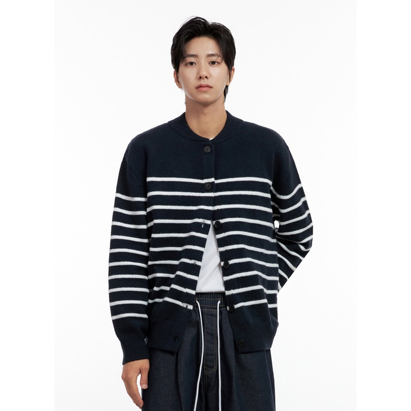 Men’s Buttoned Round Neck Striped Cardigan IN401