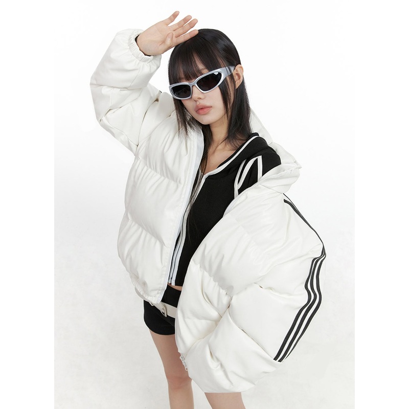 Oversized Stripe Leather Padded Coat IO430