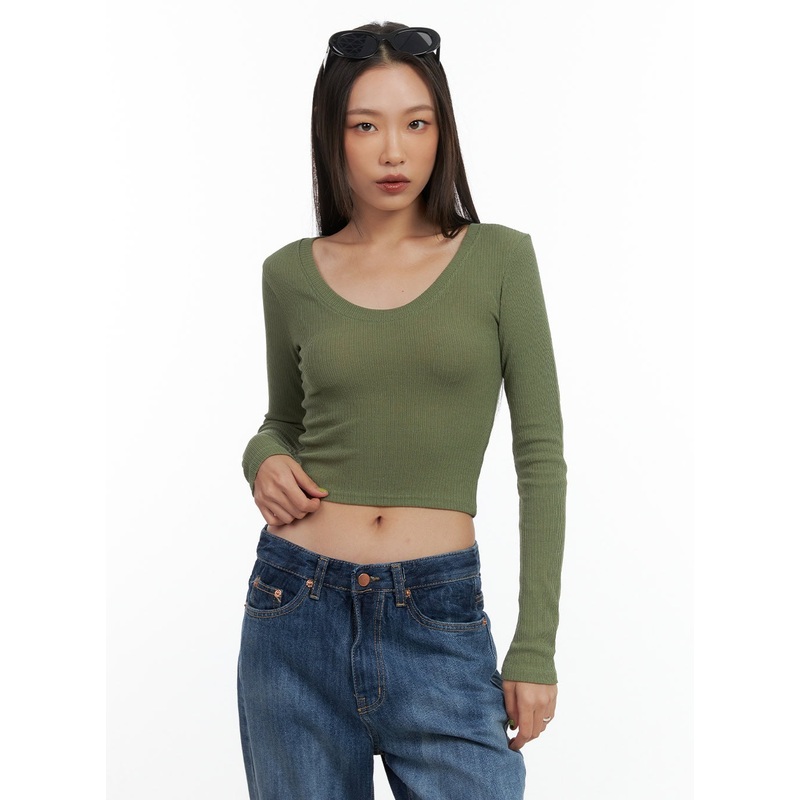 Slim U-Neck Crop Tee CO424|Green|Black|Beige|S/M
