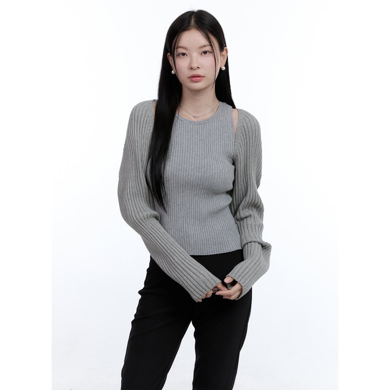 Solid Bolero Sleeve Top OO429|Gray|Black|Light beige|S/M