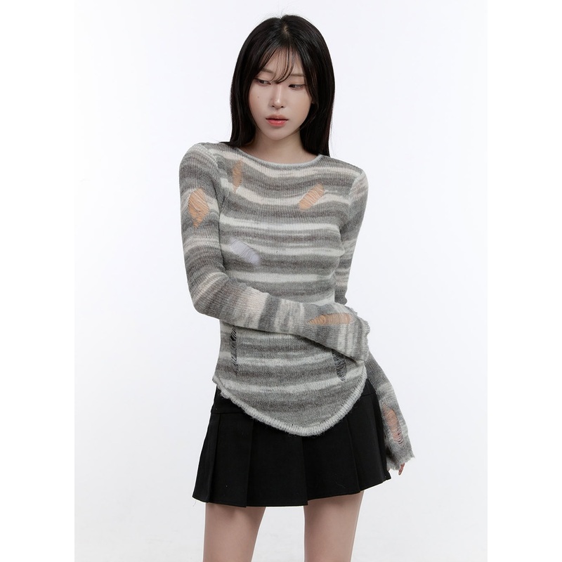 Stripe Destroyed Long Sleeve Knit Top CO419