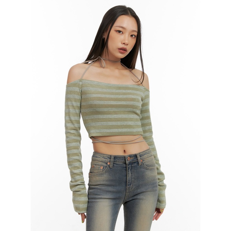 Stripe String Off-Shoulder Crop Top CO424