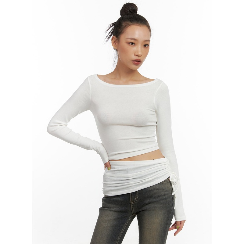 Unbalanced Shirring Long-Sleeve Top CO424