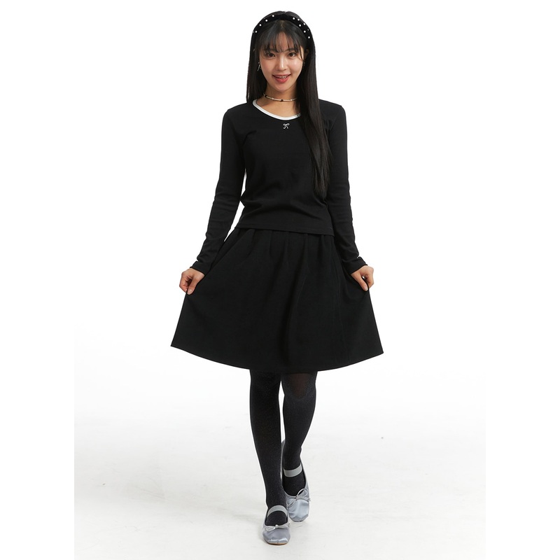 Banding Pleated Mid-Skirt OJ405
