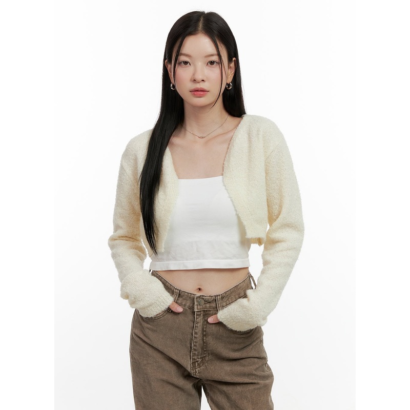 Boucle Bolero Cardigan ON408|Light beige|Black|Gray|Pink|S/M