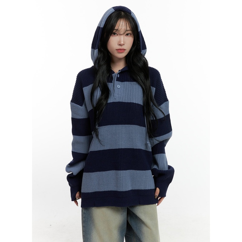 Buttoned Stripe Hoodie Sweater CN408