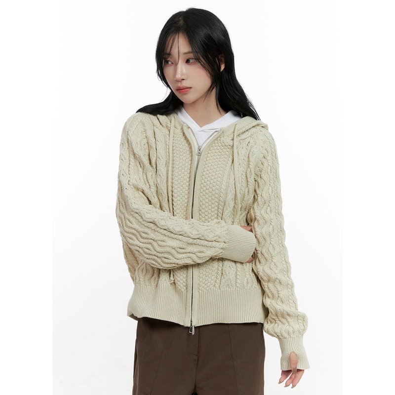 Cable Knit Zip-Up Hooded Sweater Cardigan CN411