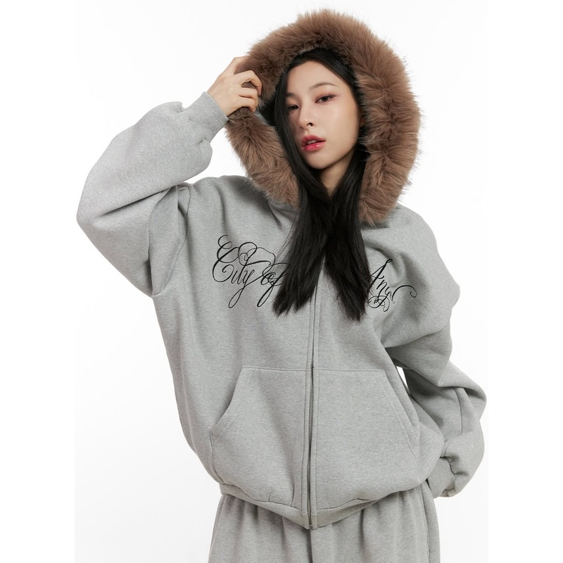 Chic Fur Zip-Up Hoodie CN416|Gray|Black|S/M