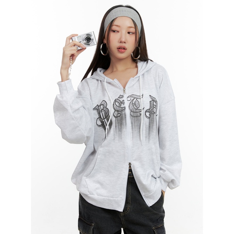 Graphic Zip-Up Hoodie CN406|Light gray|Black|Dark gray|White|M/L