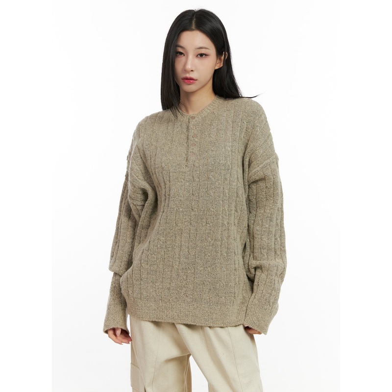 Henley Neck Long Sleeve Sweater CN416