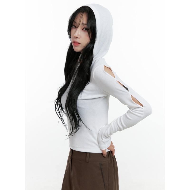 Hooded Cut Out Crop Top CN411|White|Black|Gray|S/M