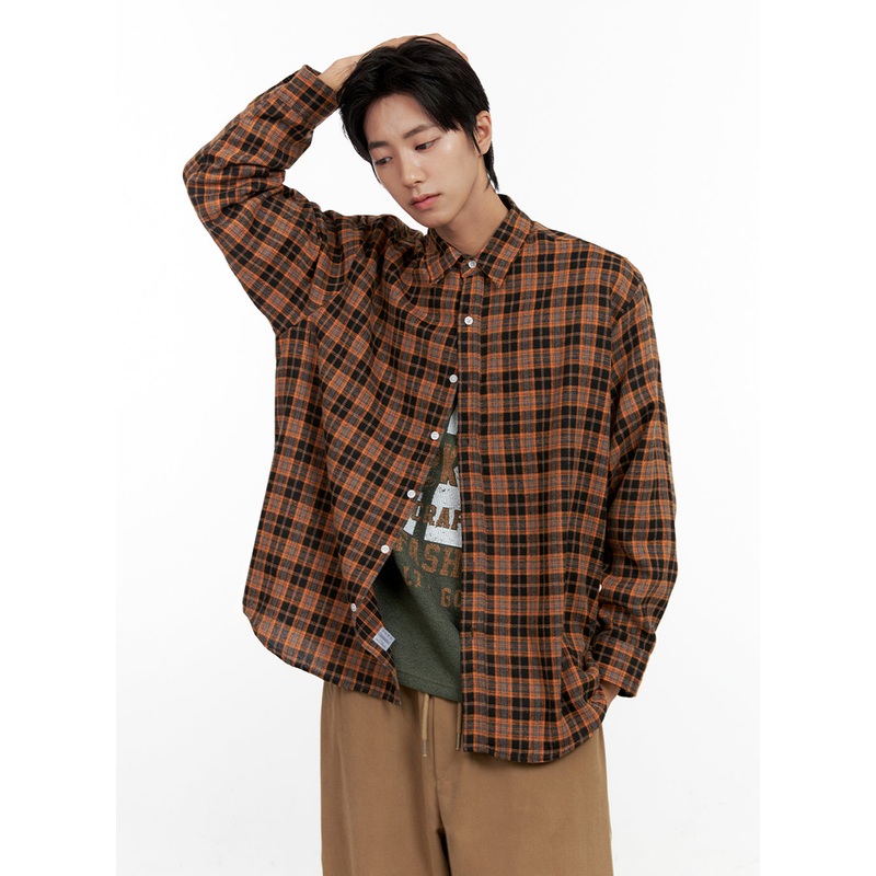 Men’s Checkered Flannel IN411|Orange|Dark green|M|L