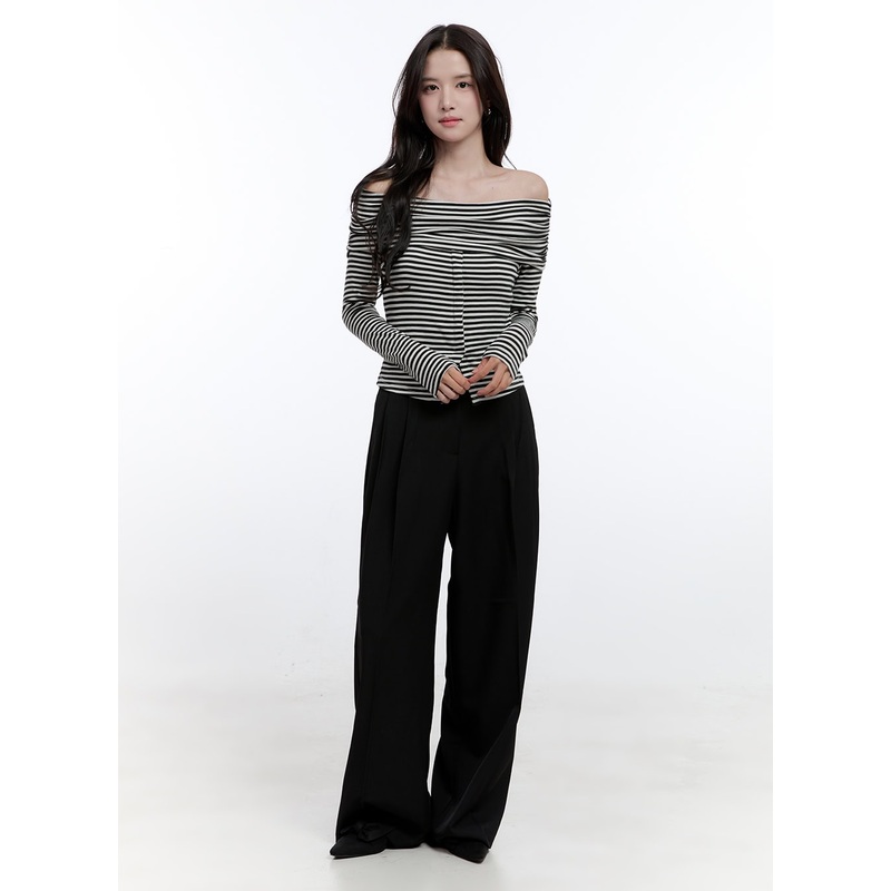 Pintuck Wide-Leg Slacks ON418|Black|Dark blue|Mint|Light beige|Brown|Dark beige|Dark brown|Dark gray|S/M