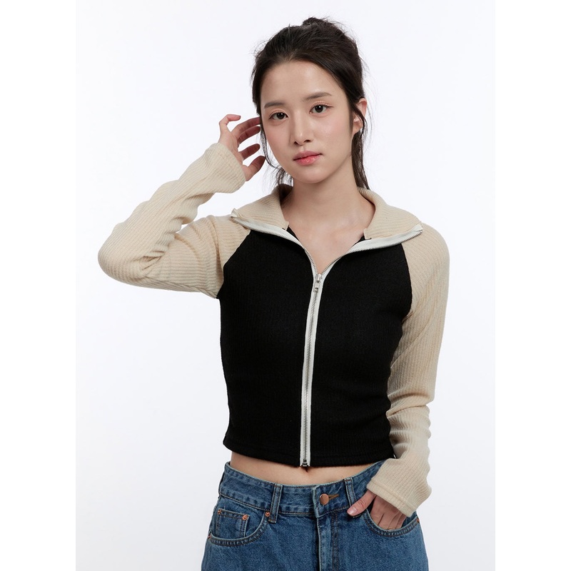 Ribbed Raglan Zip-Up ON418|Light beige|Red|Green|S/M