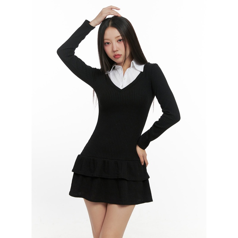 Solid Print Flare Collar Dress CN415