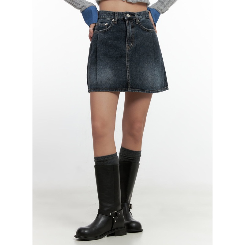 Washed Denim Mini Skirt CN412|Dark blue|S|M|L