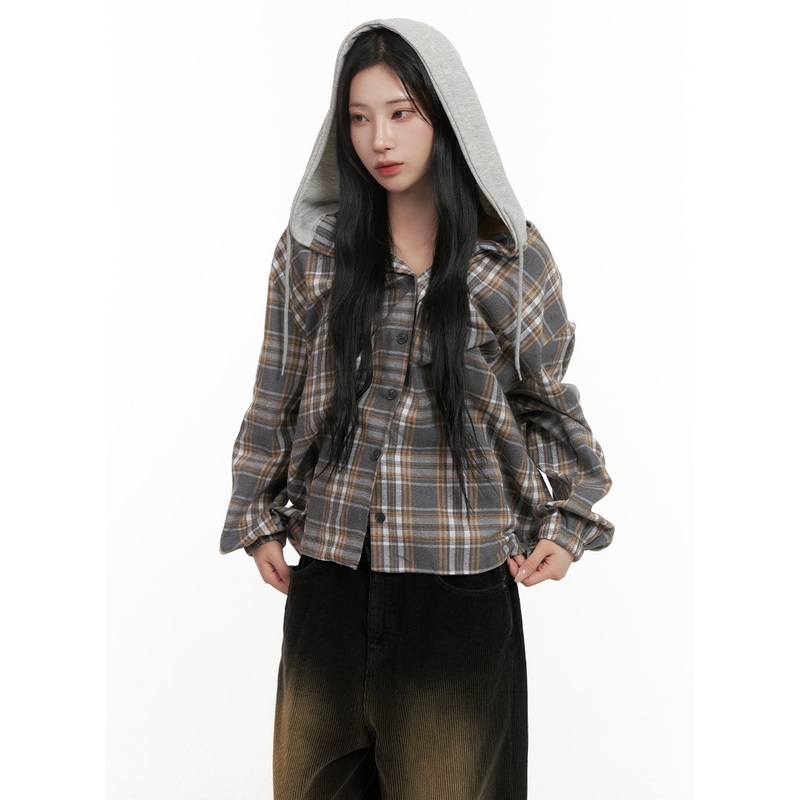 Buttoned Check Hooded Blouse CD410