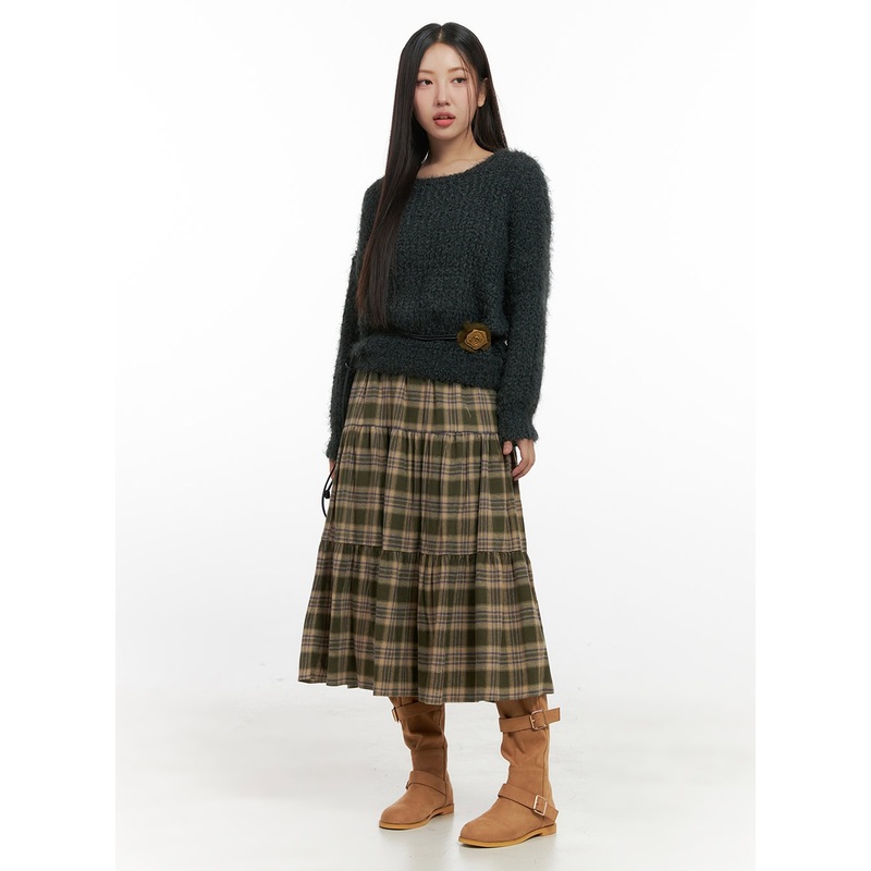 Cotton Check Print Maxi Skirt IN415