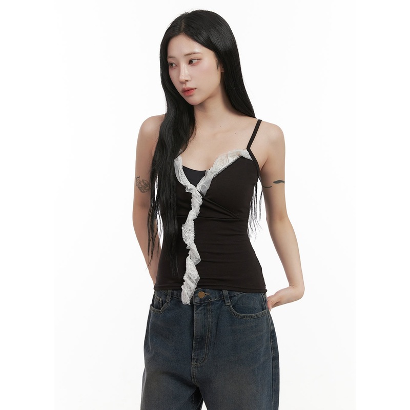 Frill Lace Cami Top CD406|Black|Dark gray|White|S/M