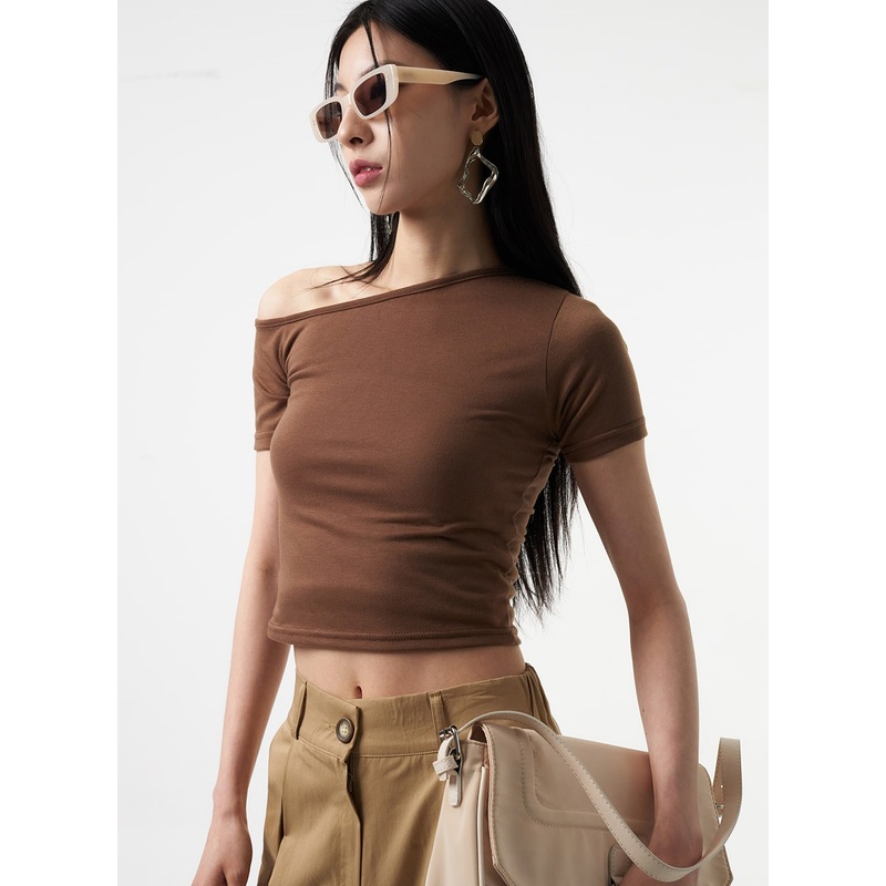 Off-Shoulder Tee IA325|White|Pink|Brown|Light green|Black|S/M