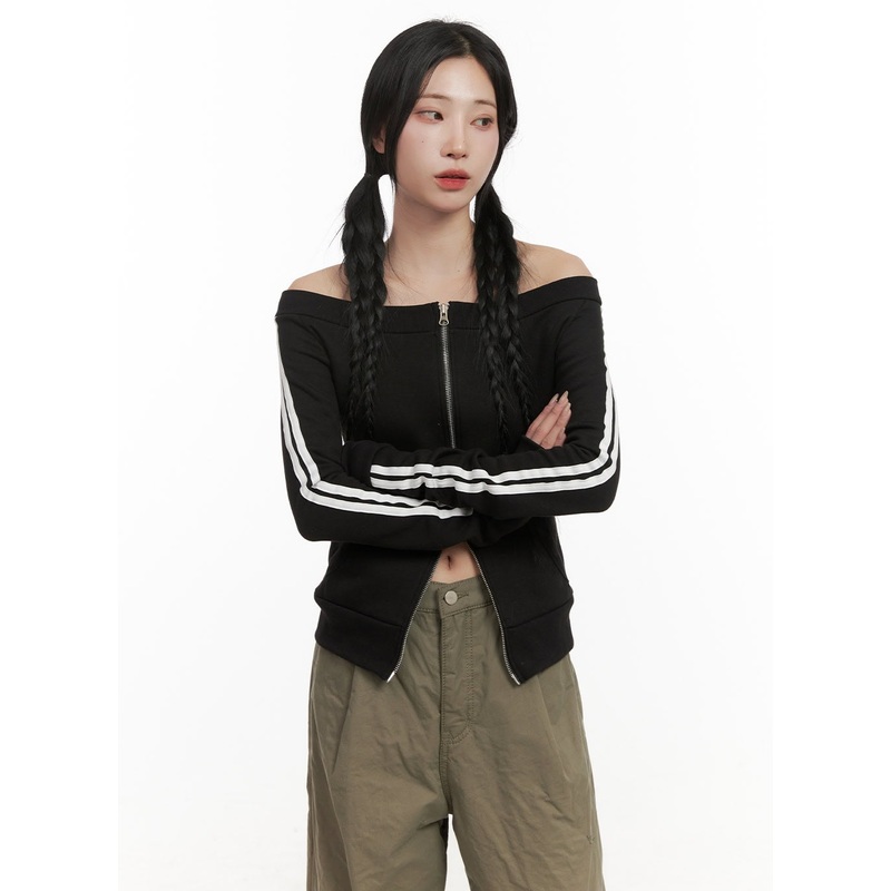 Off Shoulder Zip-Up Long Sleeve Top CD410