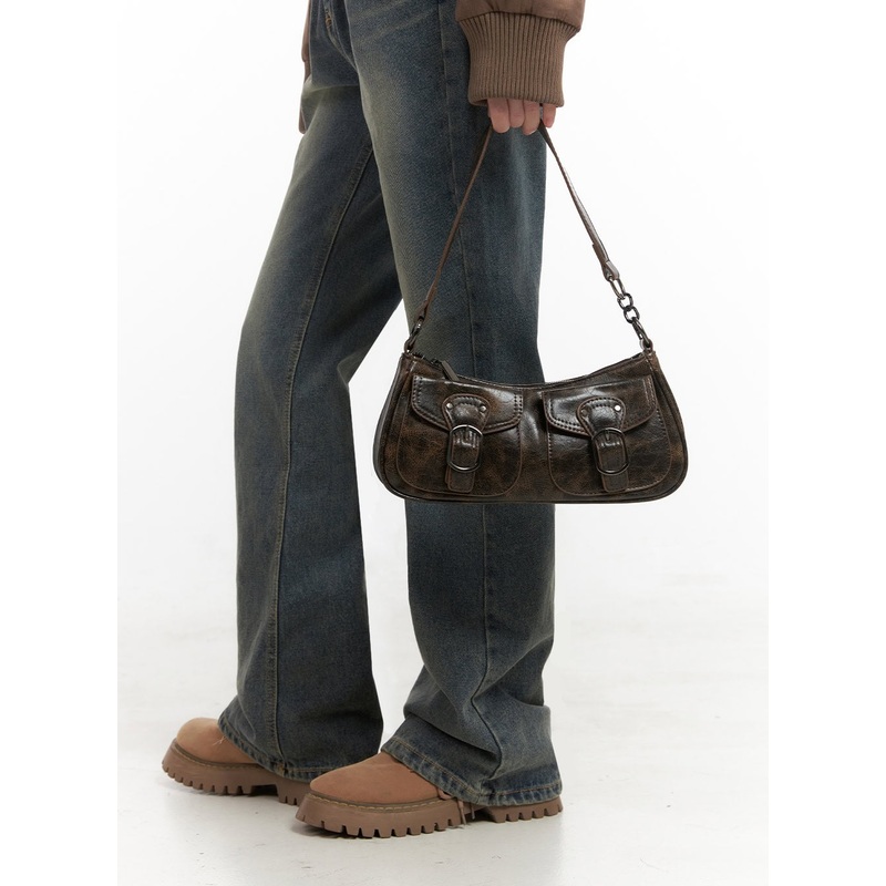 Pocket Detail Mini Bag ID402|Dark brown|Light beige|Black|One Size