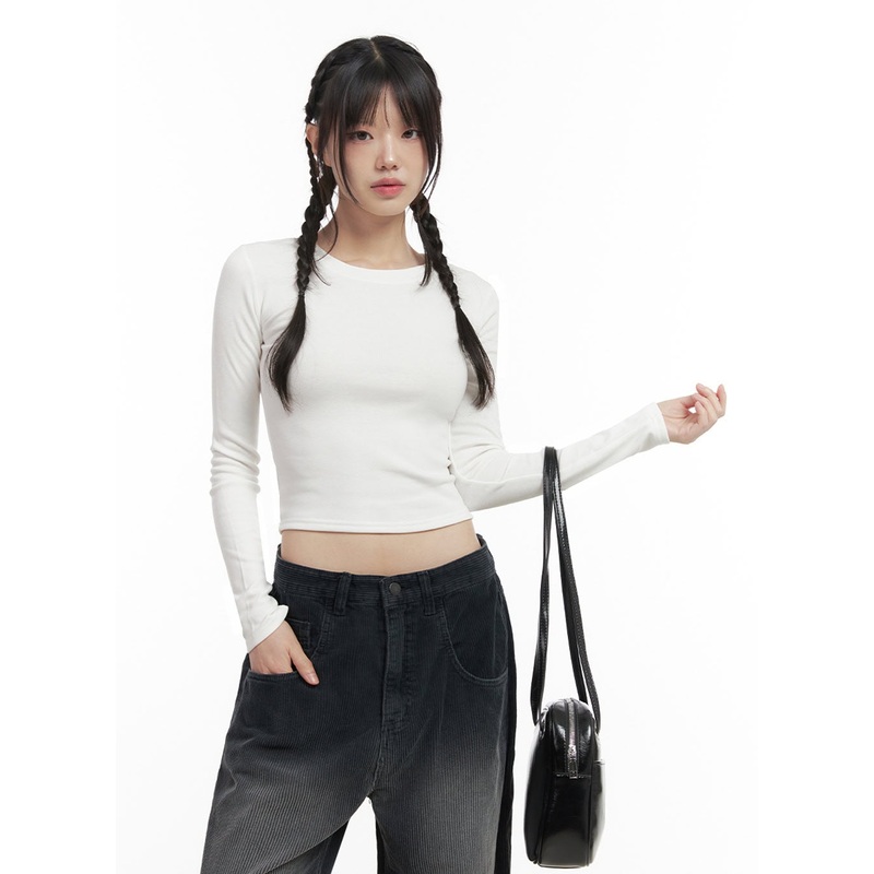 Slim-Fit Crop Tee ID402|White|Dark blue|Gray|Black|S/M