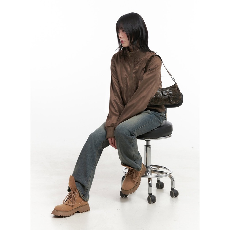 Zip-Up Suede Bomber Jacket ID402