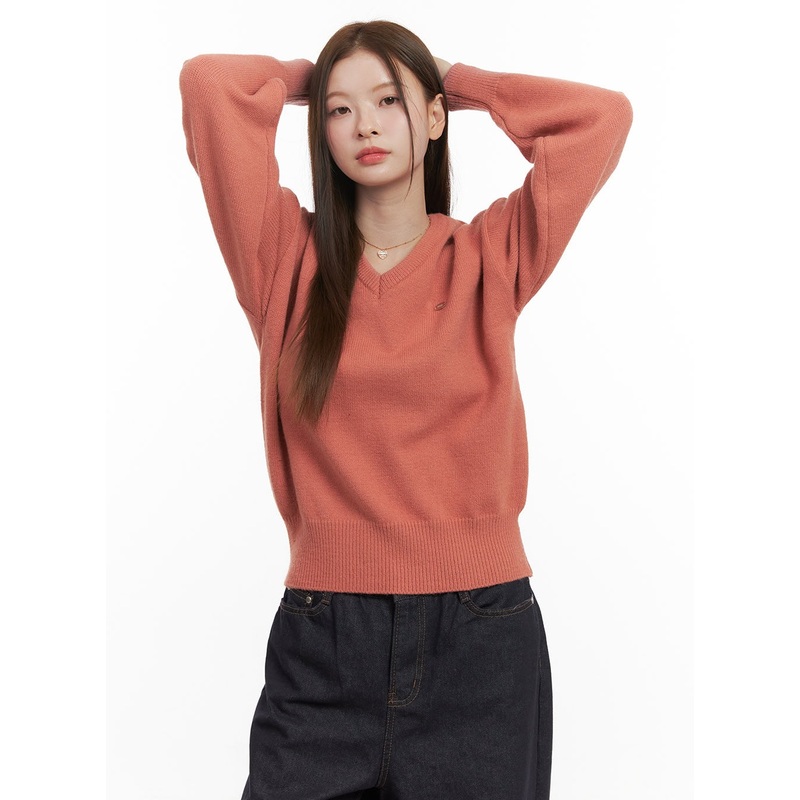 Cozy V-Neck Sweater OD417|Orange|Gray|Dark blue|Light beige|Black|S/M