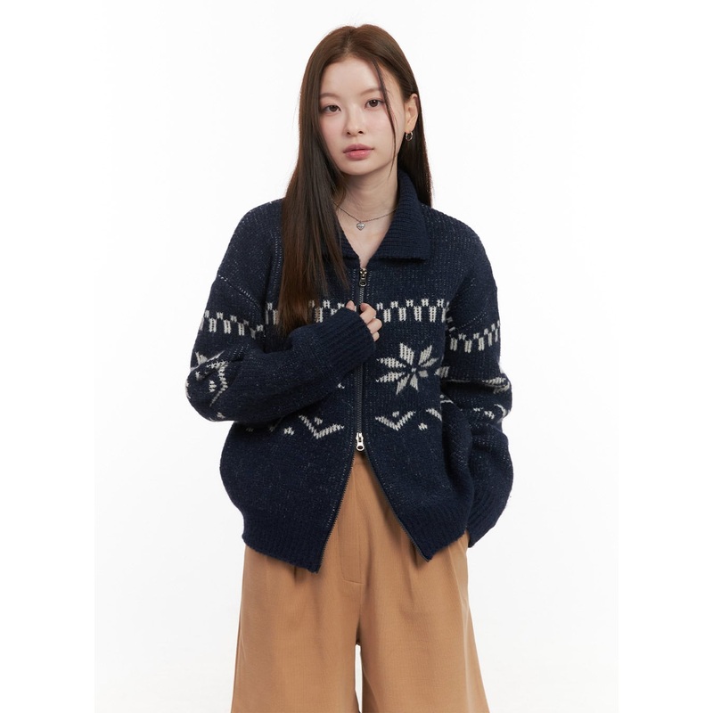 Cozy Zip Up Nordic Printed Cardigan OD418