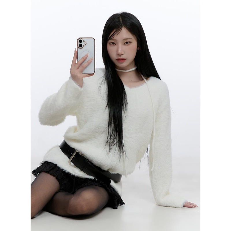 Fuzzy V-Neck Sweater CD419|White|Black|Beige|S/M