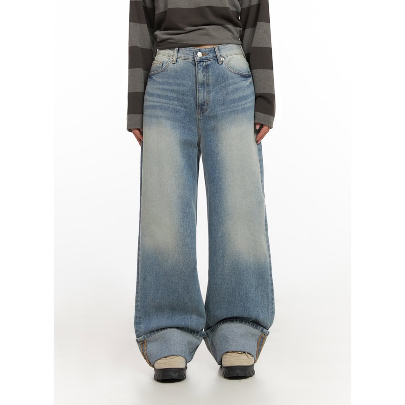 Katie Roll-Up Washed Wide-Leg Jeans ID431