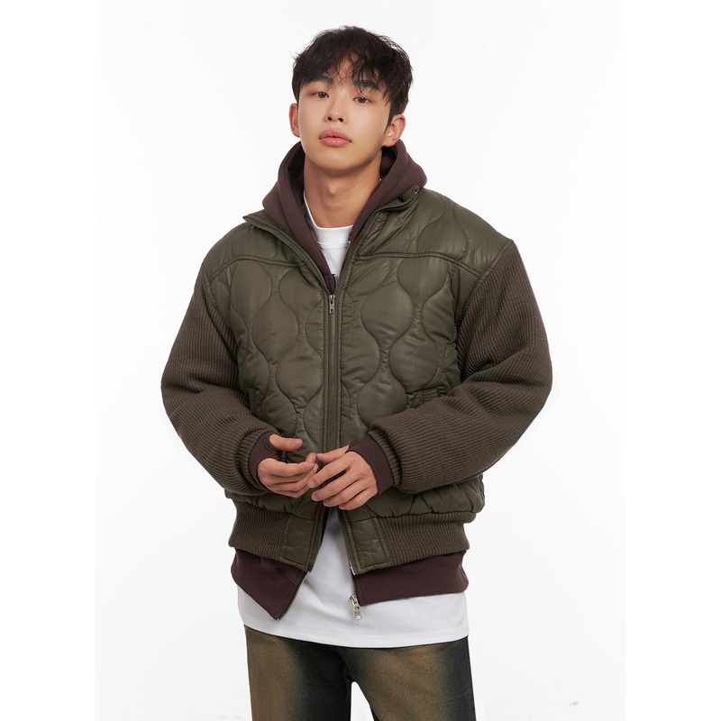 Men’s Knit-Sleeve Quilted Bomber Jacket ID427