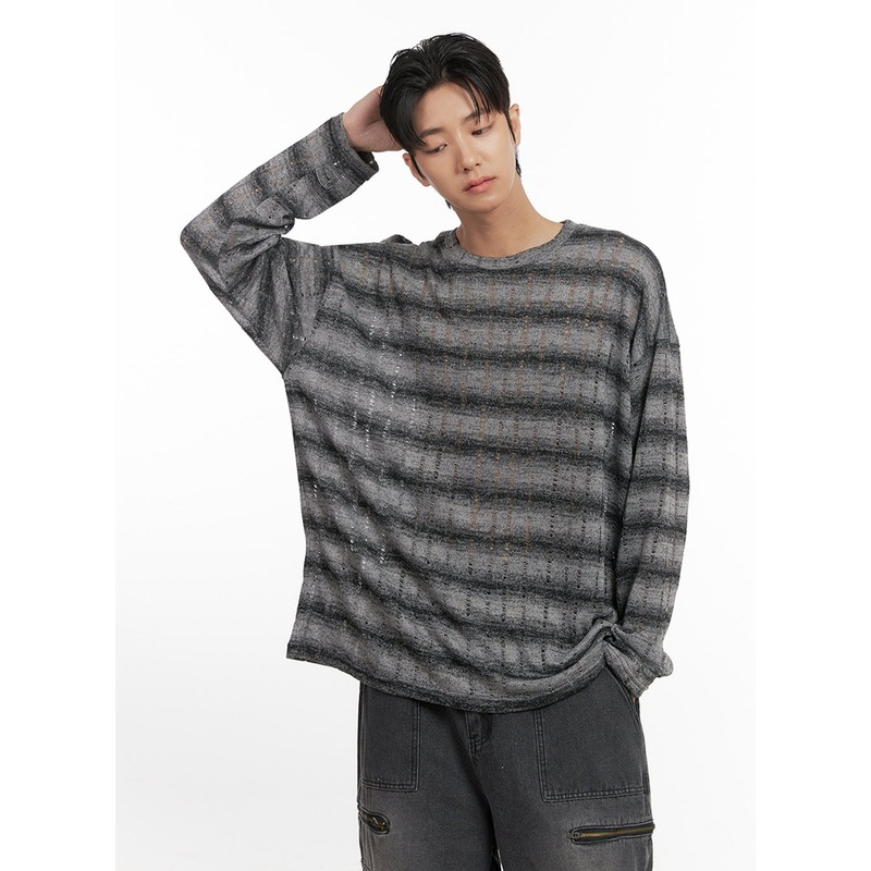 Men’s Loose Fit Long Sleeve Stripe Tee ID413