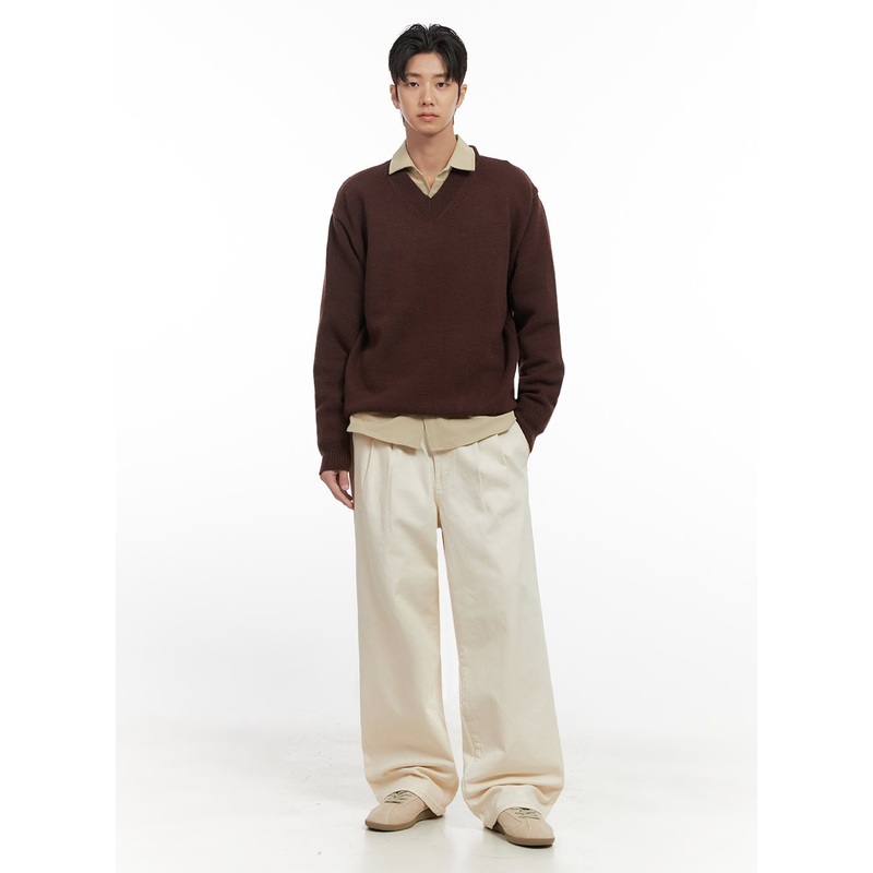 Men’s Pintuck Wide Leg Cotton Pants (Light beige) ID413
