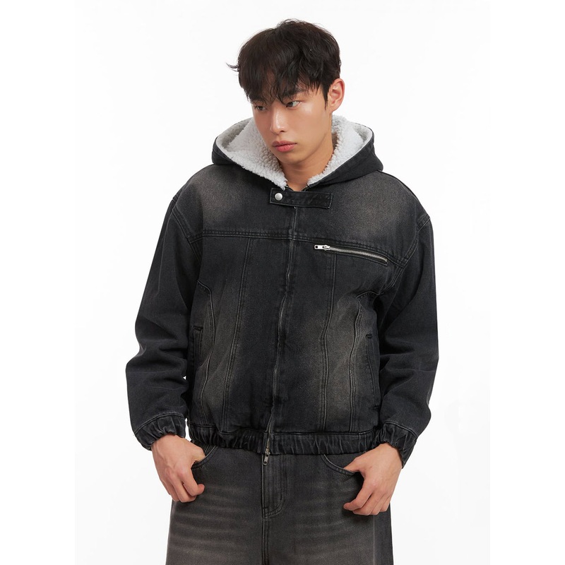 Men’s Warm Hooded Zip-Up Denim Jacket ID431