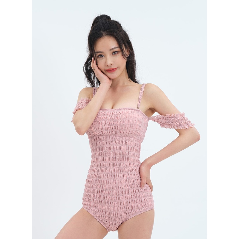 Off the Shoulder Shirring Detail One Piece Swimsuit