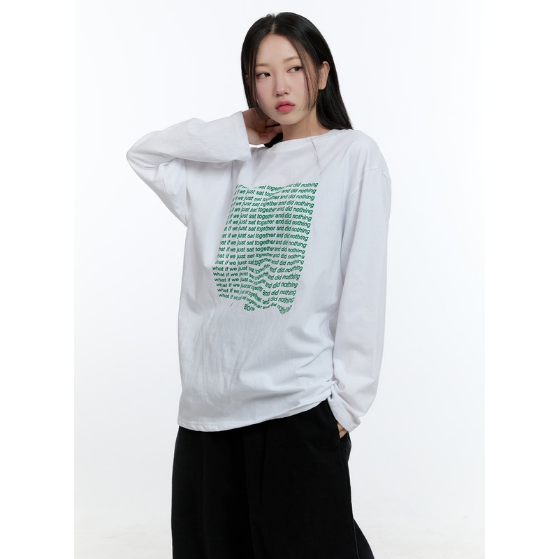 Oversized Graphic Phrase Long Sleeve Top CD424