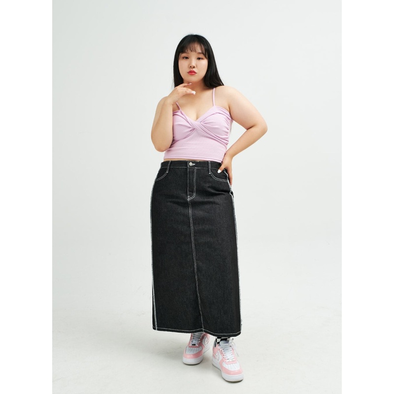 Plus Reverse Stitch Bleached Denim Maxi Skirt IY24