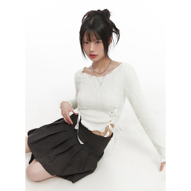 Ribbon Boat-Neck Long-Sleeve Crop Top CJ501