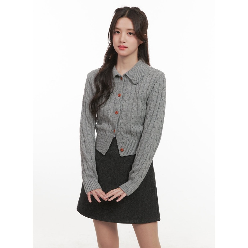 Cable-Knit Collared Buttoned Cardigan CJ514