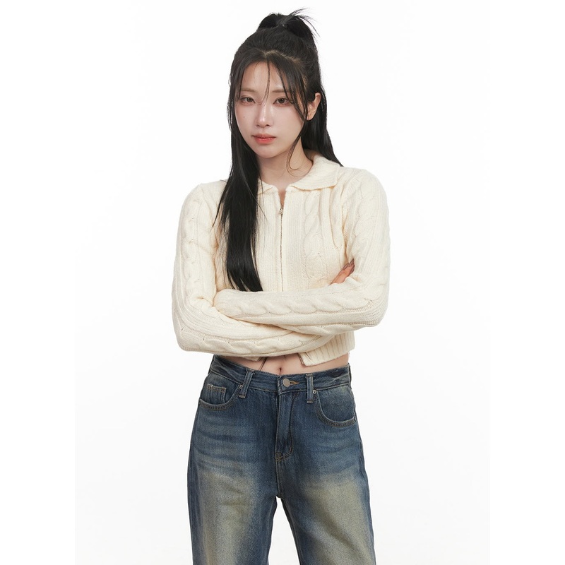 Cable-Knit Collared Zip-Up Crop Cardigan CJ516