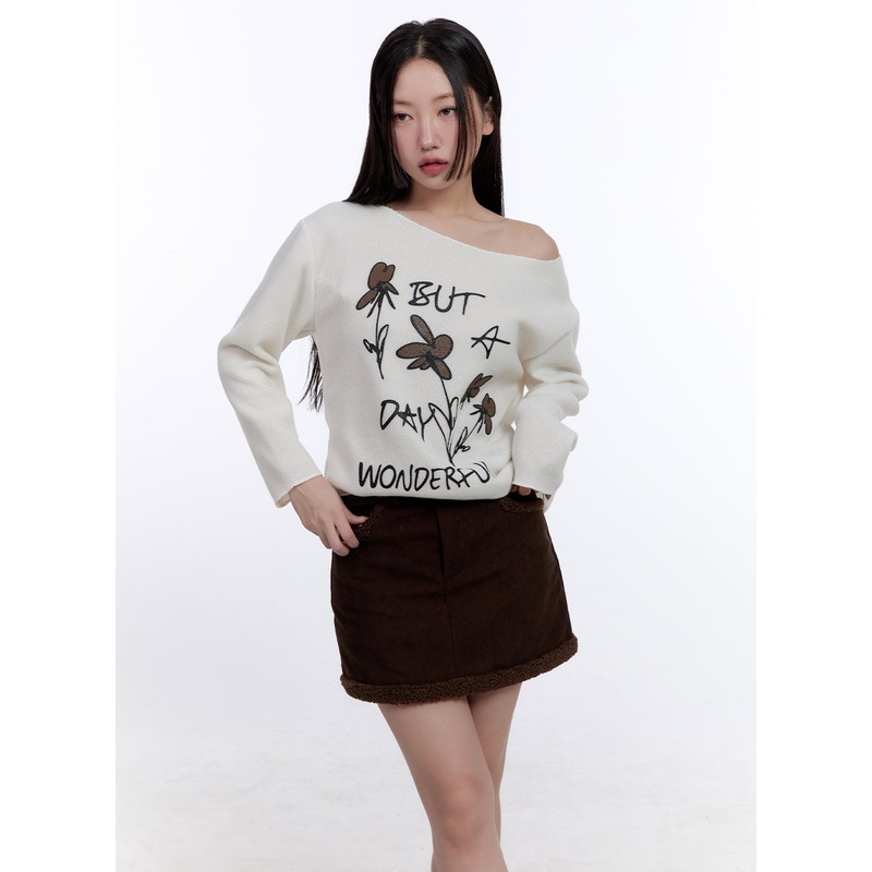 Floral Graphic One-Shoulder Sweater CJ511