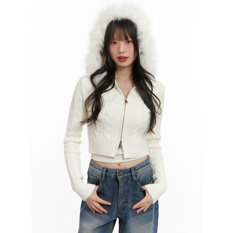 Fur-Hooded Zip-up Knit Crop Cardigan CJ502