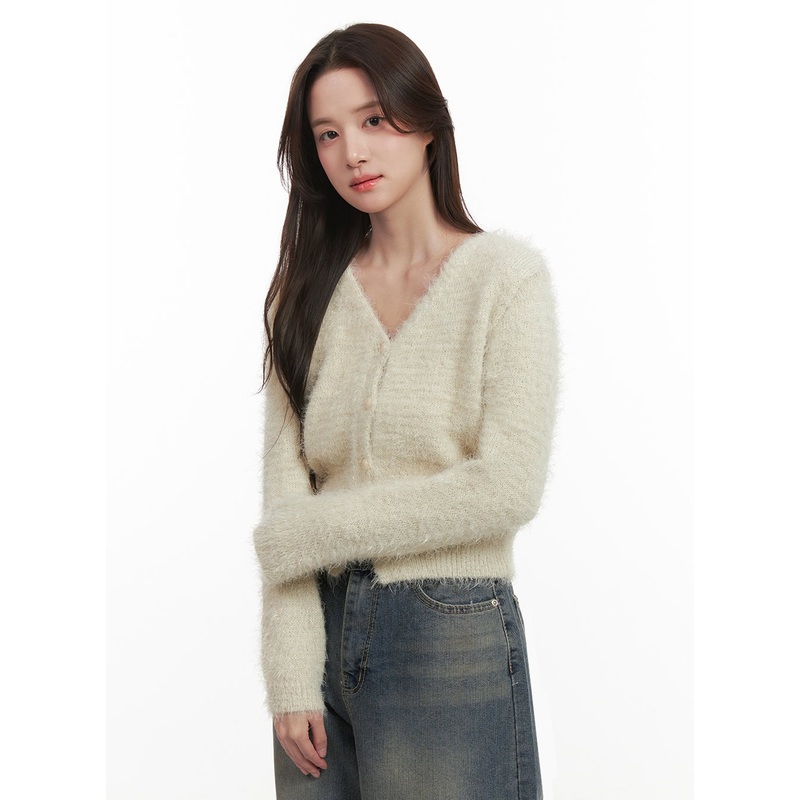 Fuzzy V-Neck Buttoned Crop Cardigan IJ510