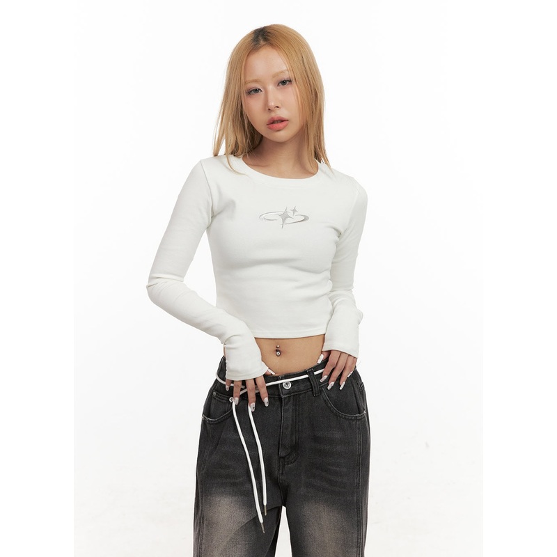 Graphic Star Long Sleeve Crop Top CJ508