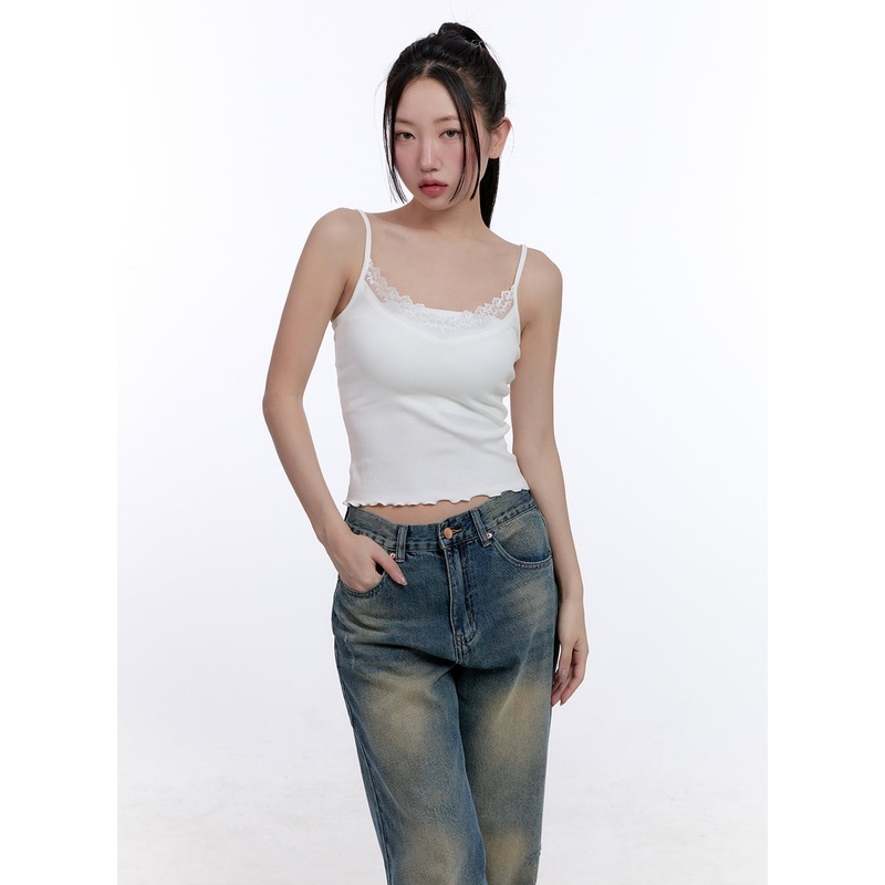 Lace-Trim Crop Tank Top CJ509|White|Light blue|Black|S/M