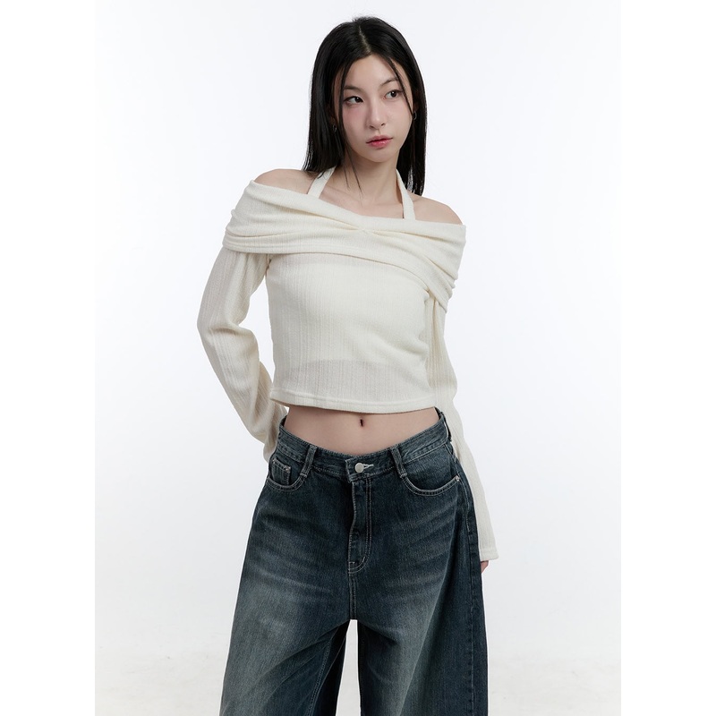 Long-Sleeve Off-Shoulder Halter Crop Top CJ520